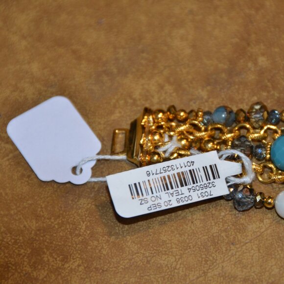 RARE VINTAGE JOSE & MARIA BARRERA TURQUOISE CRYSTAL PEARL GOLD STRAND BRACELET - Picture 4 of 11